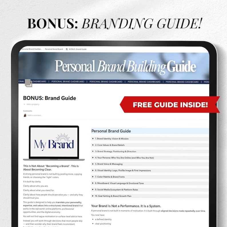 May include: A digital tablet displays a "Personal Brand Building Guide." The screen shows a guide with sections on brand identity, core values, brand strategy, and social media. A red banner reads "FREE GUIDE INSIDE!" with the text "BONUS: BRANDING GUIDE!" at the top.