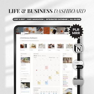 May include: A digital dashboard interface with the text "LIFE & BUSINESS DASHBOARD" at the top. The interface includes a calendar, task lists, and various icons. The words "COPY & EDIT | EASY NAVIGATION | INTEGRATED DATABASE | ALL-IN-ONE" are also visible.
