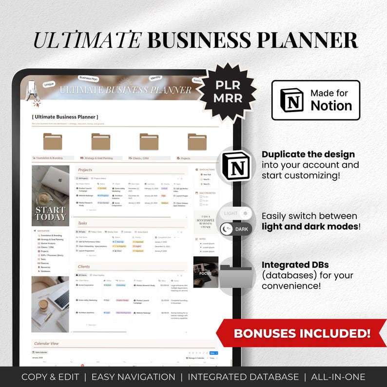 May include: A digital business planner interface with the title "ULTIMATE BUSINESS PLANNER" displayed on a tablet. The interface includes sections for projects, tasks, and clients, with options for light and dark modes. Text on the image includes "Made for Notion" and "BONUSES INCLUDED!"