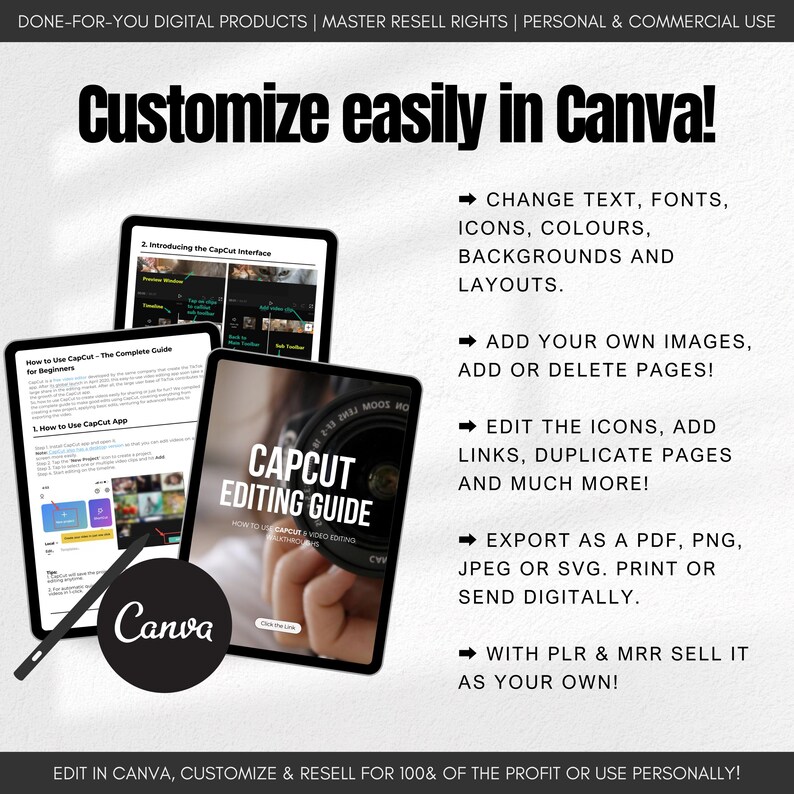 May include: A digital product guide for the CapCut video editing app. The guide is designed to be customized in Canva, with instructions on how to change text, fonts, icons, colors, backgrounds, layouts, add images, delete pages, edit icons, add links, duplicate pages, and export as a PDF, PNG, JPEG, or SVG. The guide includes the text "Customize easily in Canva!" and "Edit in Canva, customize & resell for 100% of the profit or use personally!"
