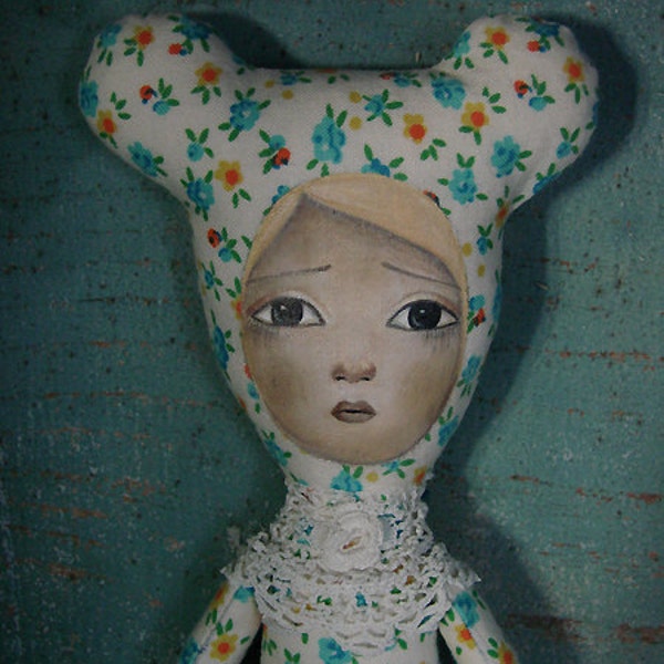 No.4 Floral Turquoise Bear Cloth Art Doll by Evelyn's Wonderland