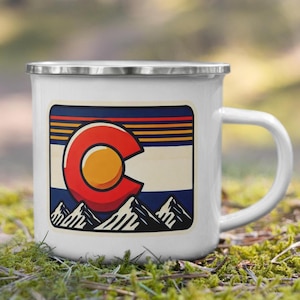 Great Outdoors Colorado State Enamel Camping Mug, Rustic Camping Cup for Coffee Lovers, Perfect Adventure Gift for Nature Enthusiasts