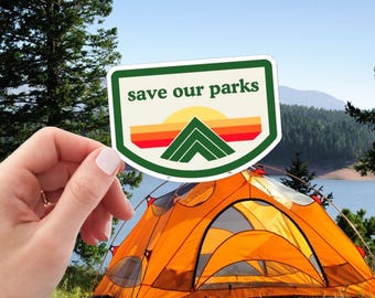 Save Our Parks sticker | kiss-cut vinyl decal, retro sunset mountain