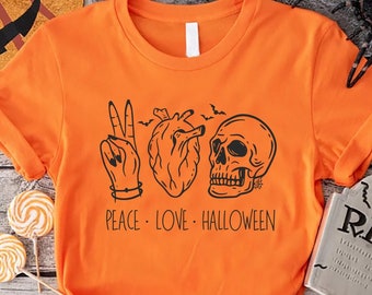 Peace Love Halloween Tshirt,Peace Skeleton Shirt,Funny Halloween Gift,Dark Academia Shirt, Gothic Halloween Tee,Spooky Season,Trick or Treat