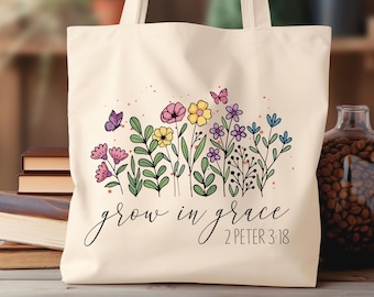 Cute Christian Tote Bag For Women, Grow In Grace,Floral Bible Verse  Aesthetic Canvas Tote,Christian Girl Gift for Christmas, Faith Tote Bag