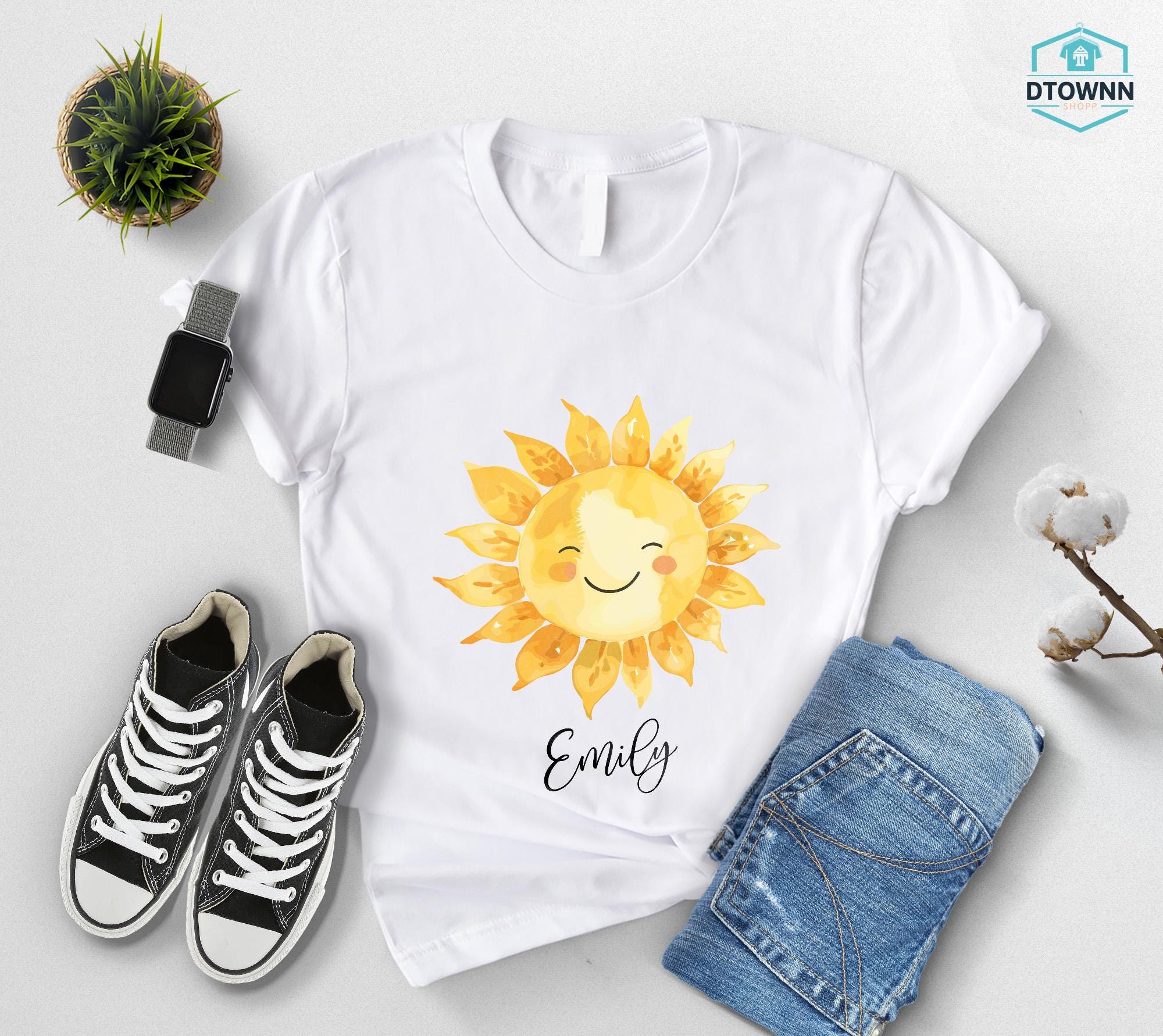 Personalized Happy Sun Tee, Custom Name Sunshine Shirt, Boho Summer Vibes Tshirt, Cute Sun Graphic Top, Morning Sun Outfit, Gift For Her