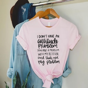K&ouml;nnte beinhalten: Ein hellrosa T-Shirt mit dem Text "I don't have an attitude problem, you have a problem with my attitude and that's not my problem" in schwarzer Schrift. Das T-Shirt h&auml;ngt an einem Holzkleiderb&uuml;gel.