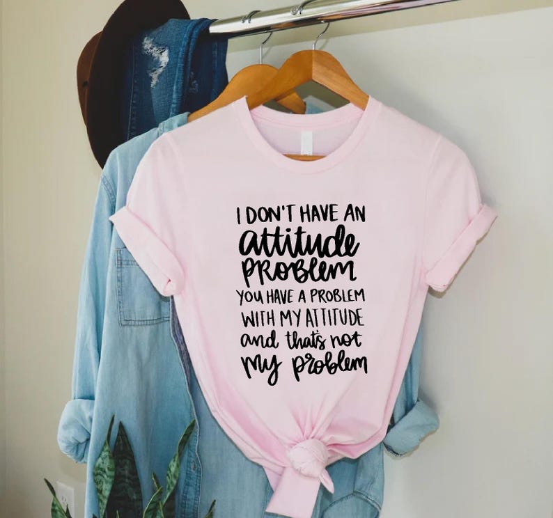 K&ouml;nnte beinhalten: Ein hellrosa T-Shirt mit dem Text "I don't have an attitude problem, you have a problem with my attitude and that's not my problem" in schwarzer Schrift. Das T-Shirt h&auml;ngt an einem Holzkleiderb&uuml;gel.