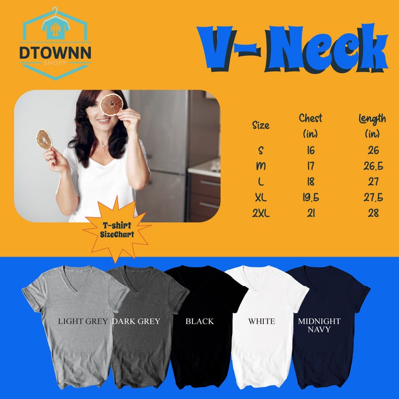 May include: V-neck t-shirt size chart with measurements in inches. The chart shows the chest and length measurements for sizes S, M, L, XL, and 2XL. The image also shows five different color options for the t-shirt: light grey, dark grey, black, white, and midnight navy.