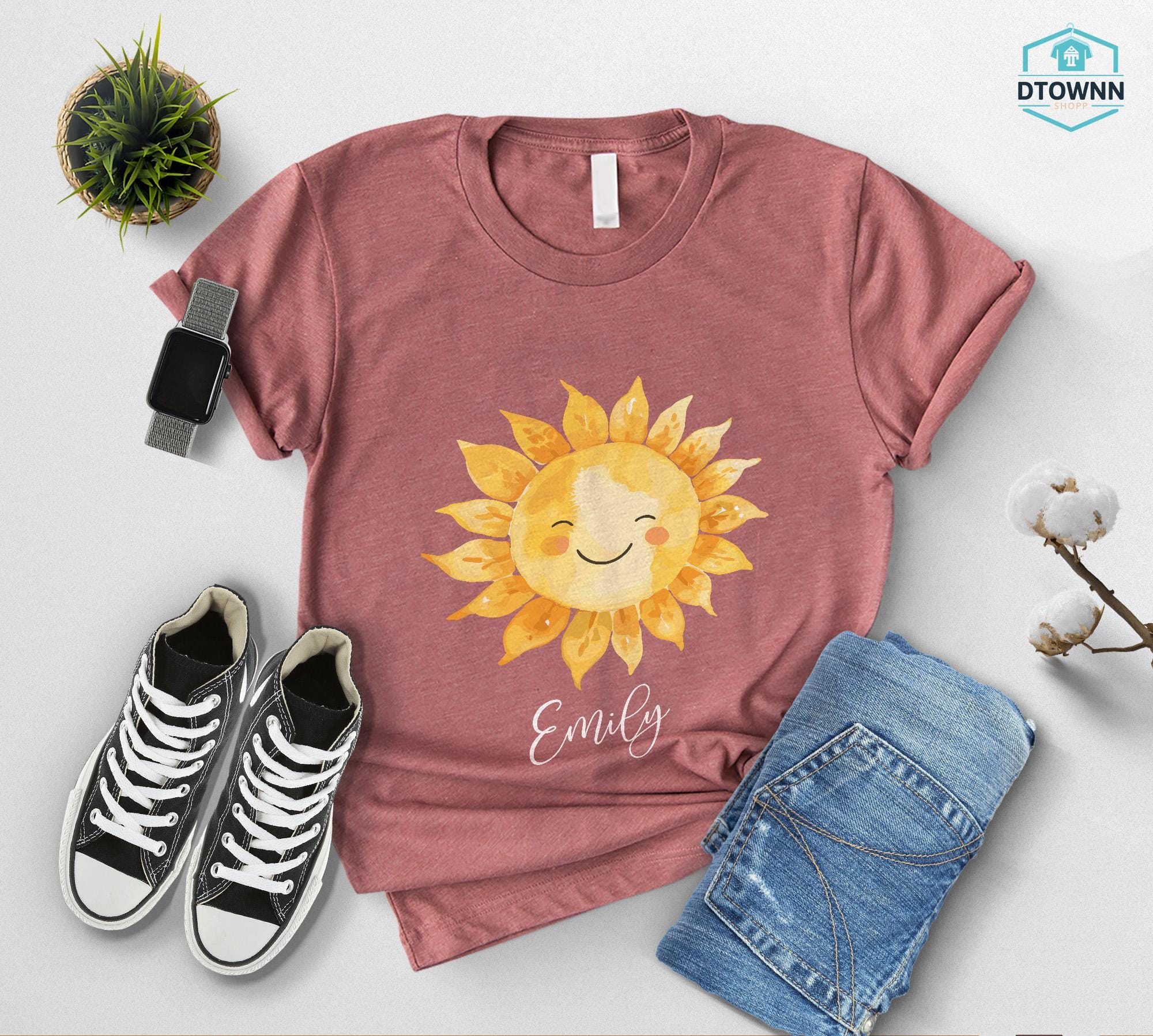 Personalized Happy Sun Tee, Custom Name Sunshine Shirt, Boho Summer Vibes Tshirt, Cute Sun Graphic Top, Morning Sun Outfit, Gift For Her