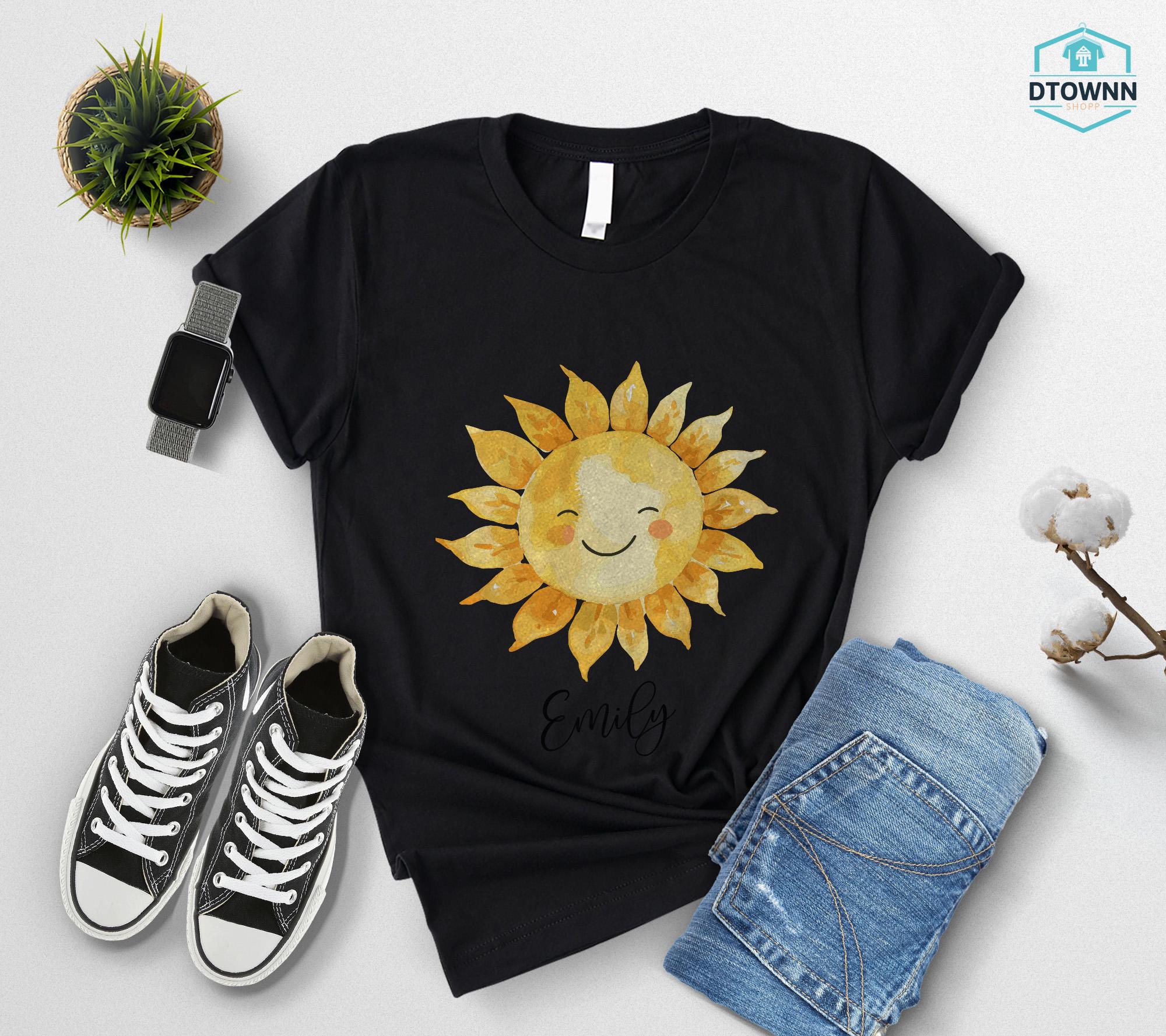 Personalized Happy Sun Tee, Custom Name Sunshine Shirt, Boho Summer Vibes Tshirt, Cute Sun Graphic Top, Morning Sun Outfit, Gift For Her