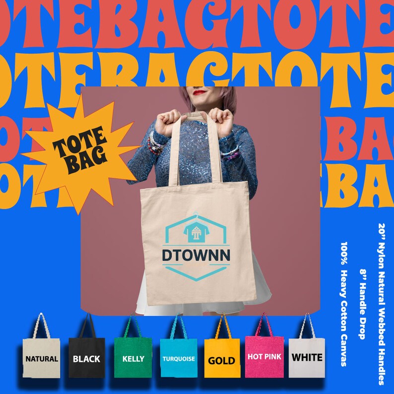 a woman holding a tote bag in front of a blue background