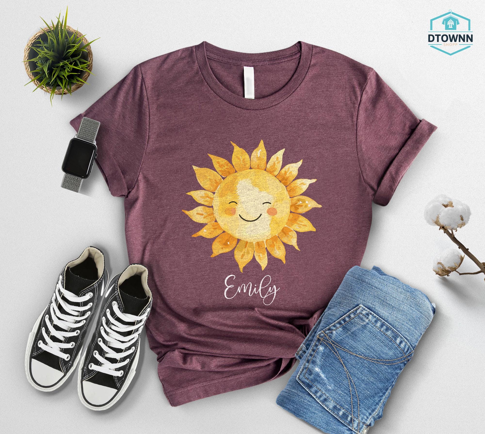 Personalized Happy Sun Tee, Custom Name Sunshine Shirt, Boho Summer Vibes Tshirt, Cute Sun Graphic Top, Morning Sun Outfit, Gift For Her