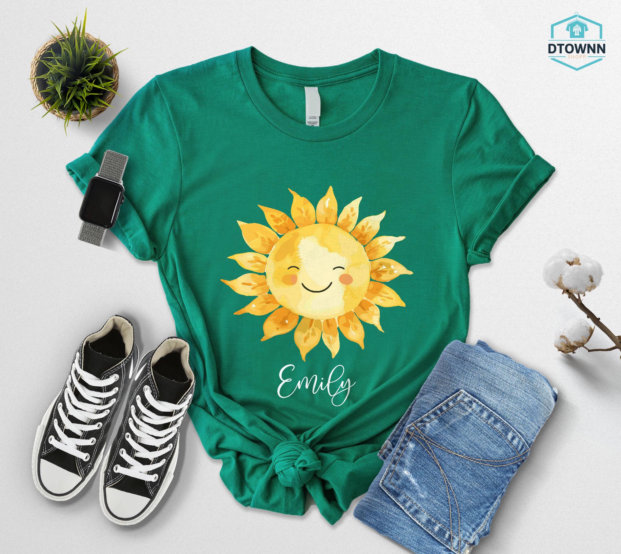 Personalized Happy Sun Tee, Custom Name Sunshine Shirt, Boho Summer Vibes Tshirt, Cute Sun Graphic Top, Morning Sun Outfit, Gift For Her