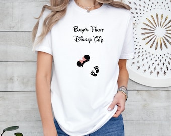 Baby's First Disney Trip Shirt, Cute Minnie Mouse Design with Footprints, Personalized Baby Outfit for Disney Vacation, Gift, or Photo Shoot
