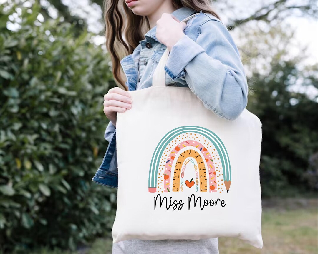 Custom Teacher Name Tote Bag Boho School Rainbow Pencil Gift - Etsy