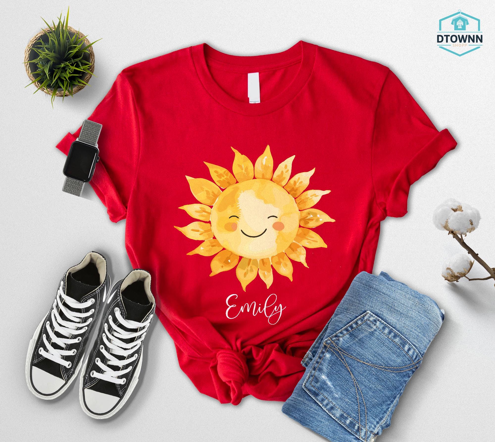 Personalized Happy Sun Tee, Custom Name Sunshine Shirt, Boho Summer Vibes Tshirt, Cute Sun Graphic Top, Morning Sun Outfit, Gift For Her