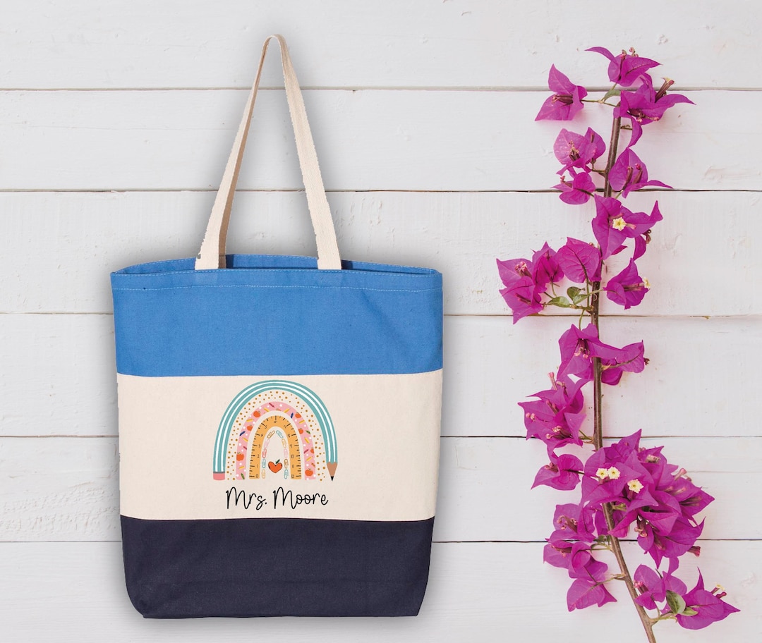 Personalized Teacher Tote Bag Rainbow Custom Name Teacher Appreciation ...