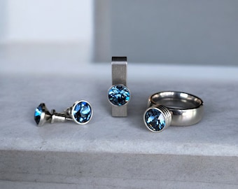 Conjunto de joyas intercambiables HERRATHO "azul denim", adornado con cristales Swarovski | Anillo, aretes y colgante de collar con montura intercambiable