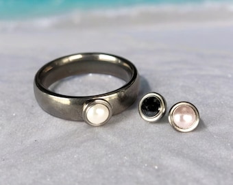 Anillo de mujer HERRATHO de titanio "Manaslu SS16" con montura intercambiable | Anillo de perlas seleccionable en tres colores | Perlas Swarovski | Hecho en Alemania