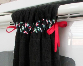 Tie Top Towel-Black Kitchen Cotton Towel accented with red and green Christmas mint fabric.  No slip towel. Ties onto handle with ribbon