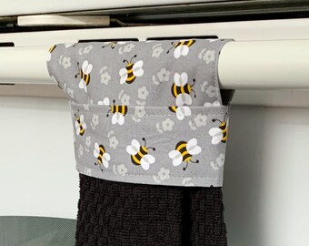 Tossed Bees on Gray, Hanging Kitchen Towel, Hanging Dish Towel, Black Decorative Towel, Dish Towel, Bee Decor, Bee Towel, Stove Towel