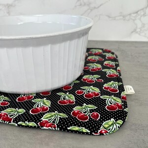 Cherries on Black, Extra Large Potholder, Oven to Table, Quilted Hot Pad, For Larger Pots and Dishes, 13"x13" Hot Pad, Hot Dish Mat