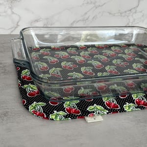 Cherries on Black, Cotton Fabric Trivet,  For a 9x13 in Pan, Quilted Hot Pad, Large Casserole Hot Pad, Casserole Pot Holder, Oven to Table