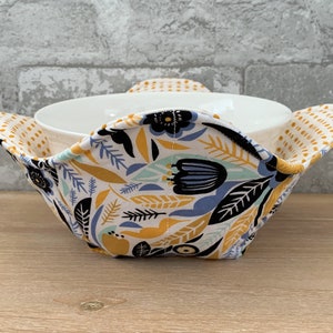 Mustard and Blue Floral, Mustard Mini Dot, Microwave Bowl Cozy, Reversible Bowl Cozy, Bowl Potholder, Soup Bowl Holder, Soup Bowl Hugger