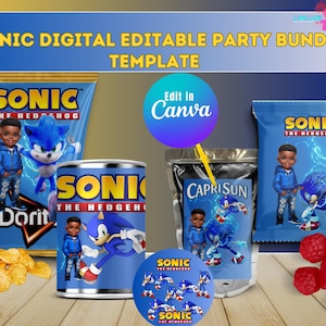 May include: A digital party bundle with a Sonic the Hedgehog theme. The design includes a Doritos bag, a can, a Capri Sun pouch, and a small circle with Sonic characters. The text "Edit in Canva" is also present.
