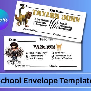 Custom school money envelopes, dinosaur +school boy design  , canva envelope template , teacher&#39;s note template,back to school envelopes,