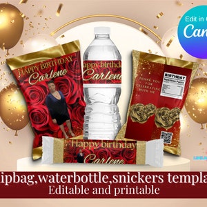May include: Printable templates for a chip bag, water bottle, and a candy bar wrapper. The design features a red background with gold accents and roses. The text on the templates reads "Happy Birthday Carlene".