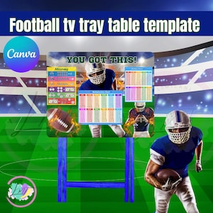 Puede incluir: Plantilla de mesa de bandeja de TV azul con tema de fútbol. La mesa presenta un gráfico de jugador de fútbol, tablas de multiplicación y división, y el texto "YOU GOT THIS!". La mesa está sostenida por patas azules.