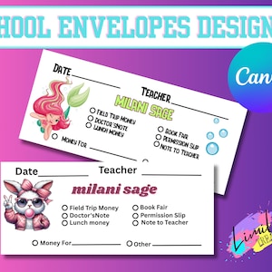 Custom school money envelopes, cute mermaid +bunny design  , canva envelope template , teacher&#39;s note template,back to school envelopes,