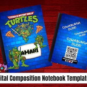 May include: Two composition notebooks with blue brick-patterned covers. One features the Teenage Mutant Ninja Turtles logo and characters, the other says "Cowabunga Dude!". The notebooks have the name "AMARI" on one.