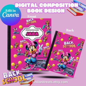 Girly editable back to school composition notebook template cover . custom school supplies