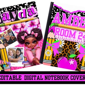 Girly editable back to school composition notebook template cover . custom school supplies. Pink and black notebook cover ,