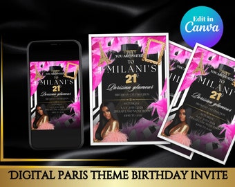 Paris Theme 21st Birthday Invitation: Pink, Gold, Black (Digital Invite)