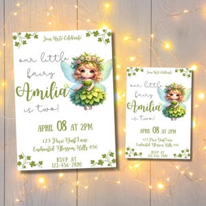 May include: Two white invitation cards with a fairy illustration and text. The fairy has green and white clothing, a flower crown, and wings. The text reads "Join Us to Celebrate", "our little fairy Amilia is two!", and event details.