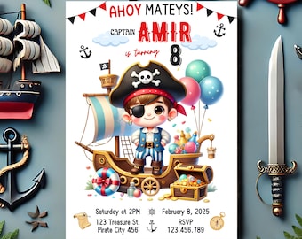 May include: Ahoy Mateys! Birthday party invitation for Captain Amir turning 8. The invitation features a cartoon pirate on a ship with a treasure chest and balloons. The invitation includes the date, time, and location of the party. RSVP information is also included.