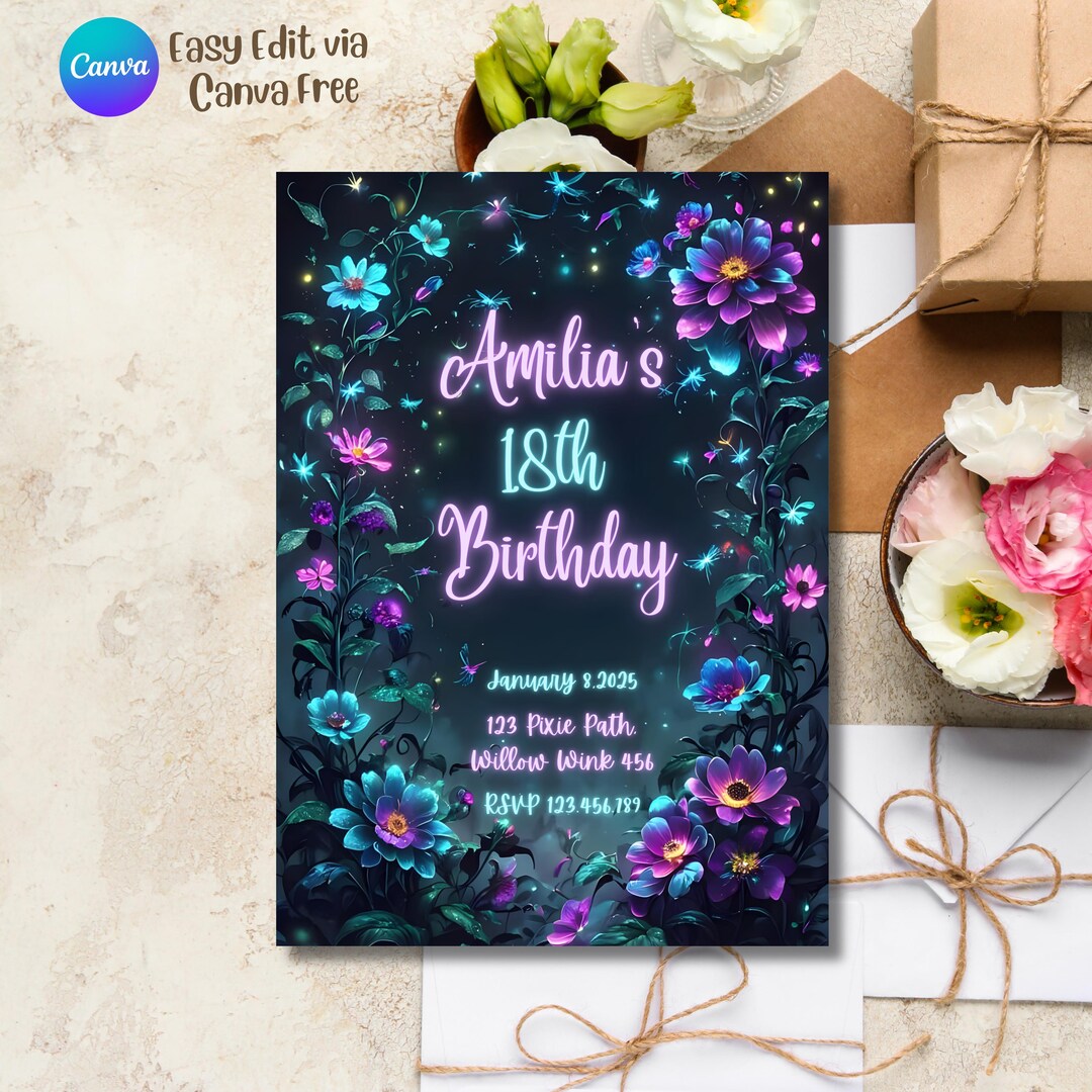 Invite Theme Whimsical Neon Glow Invitation Template, Magical Floral & Vines Party ...