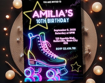 Editable Roller Skate Invitation, Neon Glow Roller Disco Birthday Invite, Glow in the Dark Digital Template, Girls Night Roller Rink Party