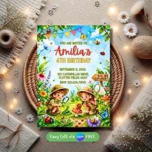 Invitación de cumpleaños editable con temática de insectos, invitación para fiesta de insectos, invitación para fiesta de naturaleza en acuarela, invitación estilo cuento de hadas (descarga digital)
