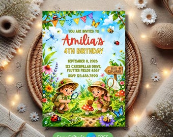 Editable Bug Explorer Birthday Invitation, Insect Party Invitation, Watercolor Nature Party Invite, Storybook Invite (Digital Download)