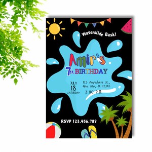 May include: A black and blue birthday invitation with a water splash design. The invitation says "Waterslide Bash!" and "Amir's 7th Birthday". It includes the date and time of the party, 18th July at 2:00 PM, and an RSVP number.