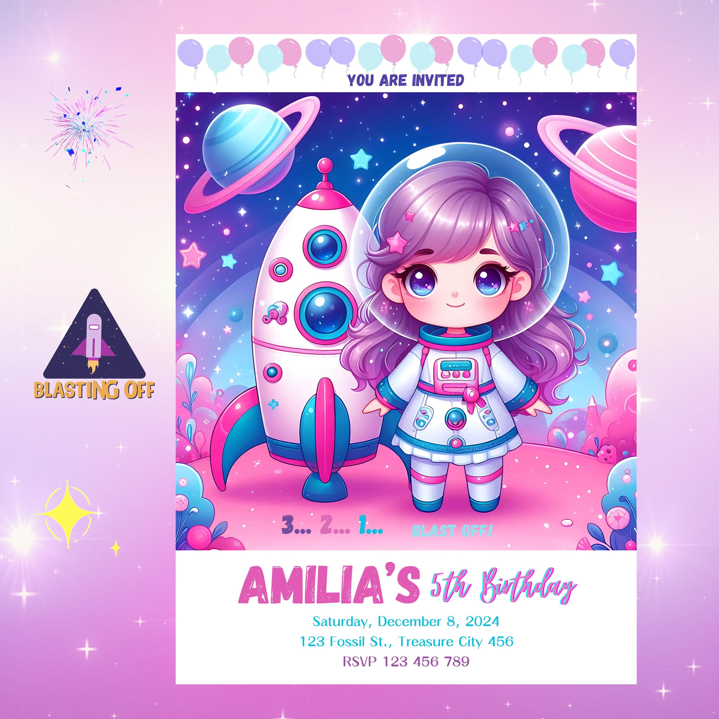 Rocket Inviation Outer Space Birthday Invitation, Space Girl Invite, Rocket Invitation ...