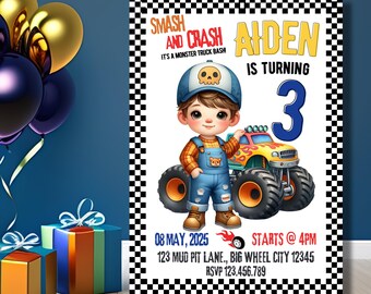 Plantilla editable de invitación de cumpleaños de Monster Truck, niño adorable con Monster Truck, imprimible para fiesta de camiones todoterreno, invitación de fiesta para niños