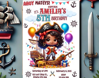Könnte beinhalten: Eine Einladung zur 5. Geburtstagsfeier von Amelia, einer kleinen Piratin. Die Karte zeigt ein Cartoon-Piratenmädchen in einem rot-schwarzen Piratenkostüm, das auf einem Schiff steht. Die Einladung ist in den Farben Blau, Rot und Weiß auf weißem Hintergrund gehalten.