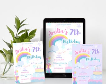May include: Three printable invitations for a 7th birthday party. The invitations feature a rainbow, clouds, stars, and a birthday cake. The text on the invitations reads "Join us to celebrate Amilia's 7th Birthday".