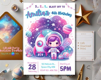 Outer Space Birthday Invitation, Space Girl Party Invite, Rocket ship Invitation, Galaxy Invitation, Blast Off Birthday, Girl Astronaut